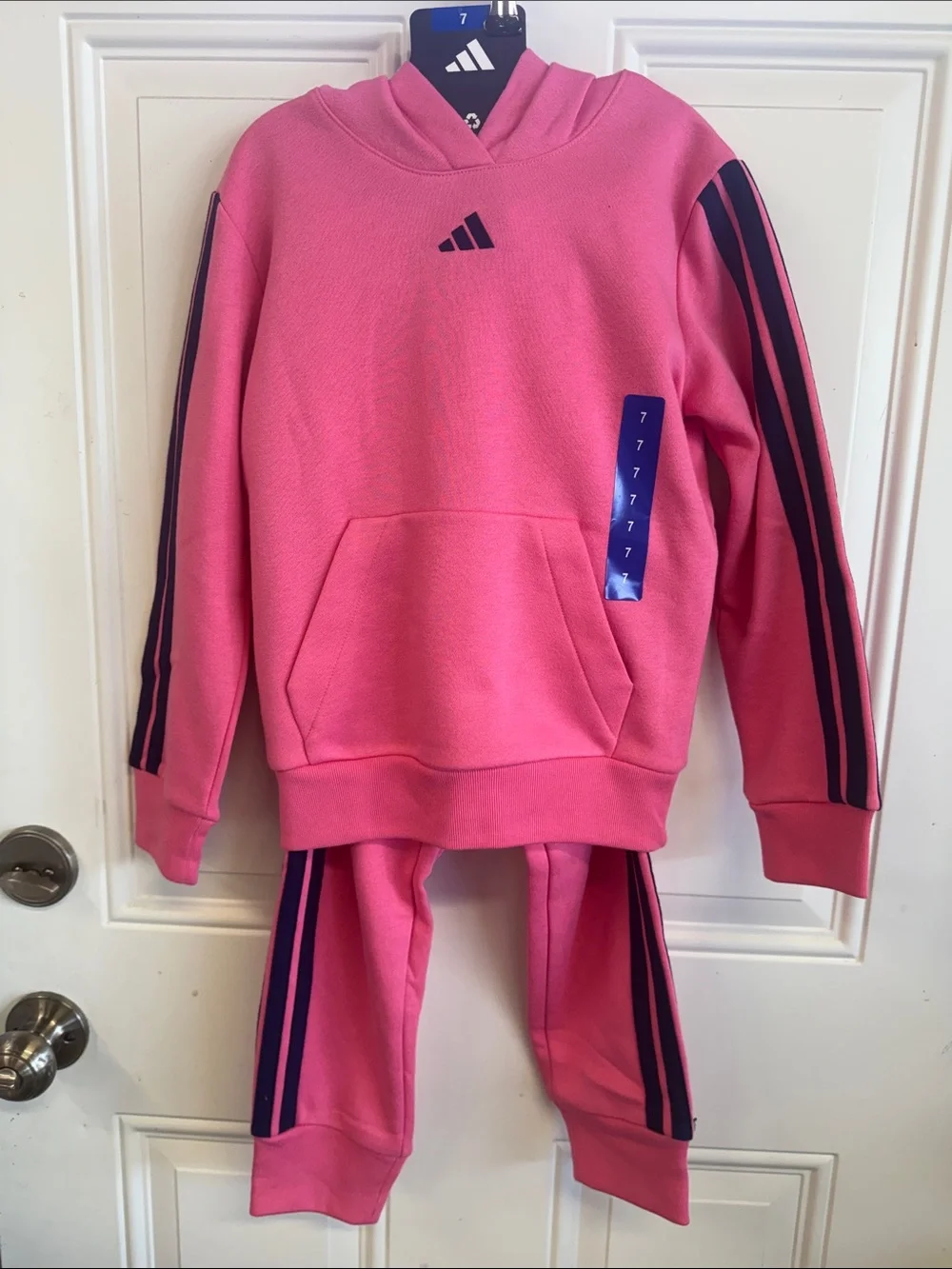 adidas Kids Pink Hoodie & Joggers with Navy Stripes